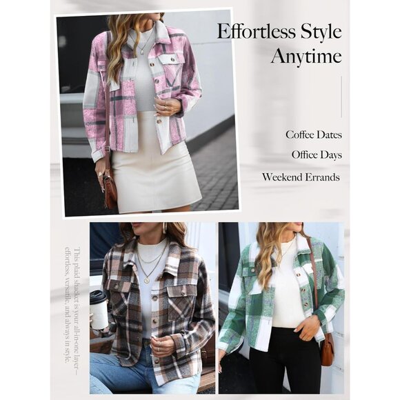 Women’s Flannel Cropped Shacket Plaid Long Sleeve Button Down Fall Coat - Picture 5 of 6